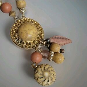 Vintage Earthy Design Beaded Necklace Brown Tan Muted Goldtone Boho Native 36 In